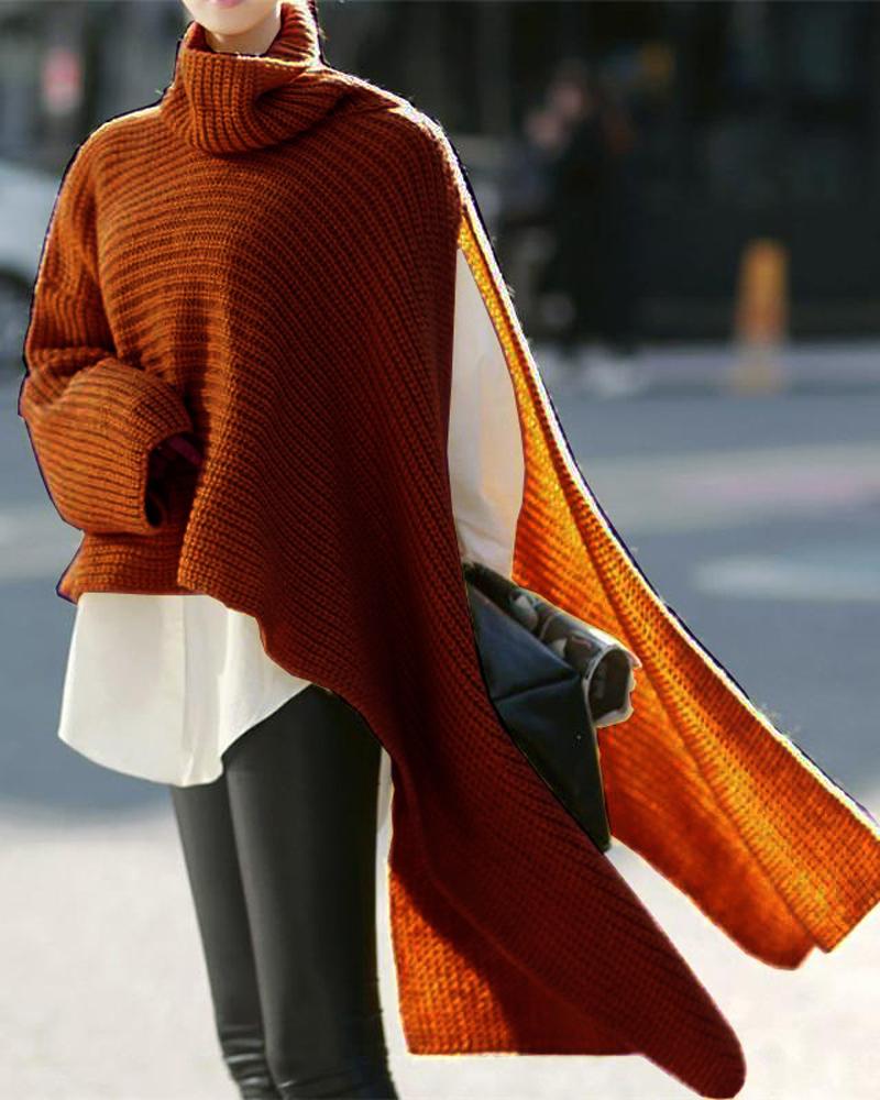 

Asymmetrical Turtleneck Chunky Knit Sweater, Red