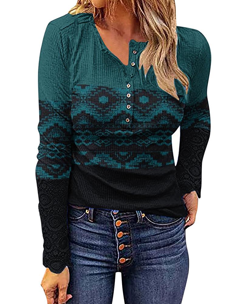 

Lace Patch Tribal Print Buttoned Top, Dark green