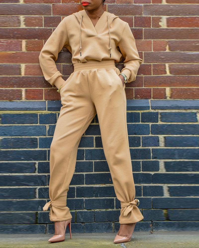 

Long Sleeve Drawstring Hoodie & Belted Hem Pants Set, Apricot