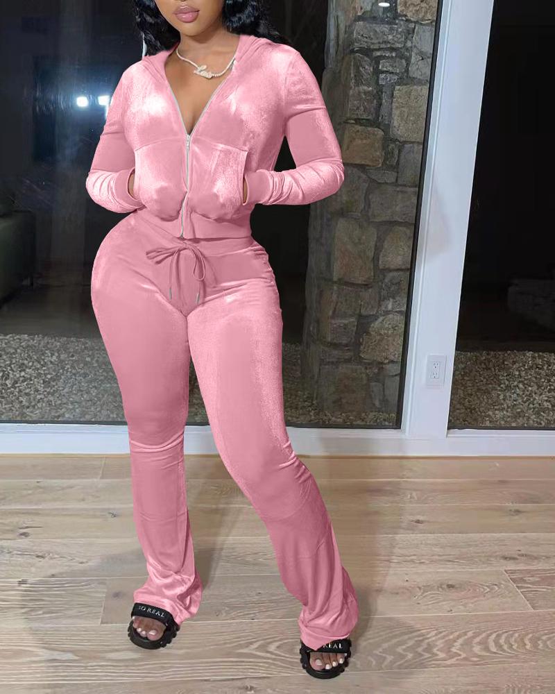 

Velvet Zip Up Hooded Top & Drawstring Bootcut Pants Set, Pink
