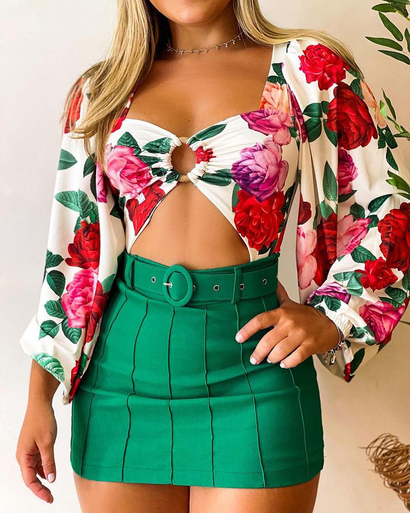 

O-Ring Decor Floral Print Lantern Sleeve Bodysuit & Skirt Set, White