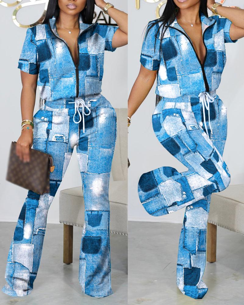 

Denim Look Print Zip Up Top & Drawstring Pants Set, Blue