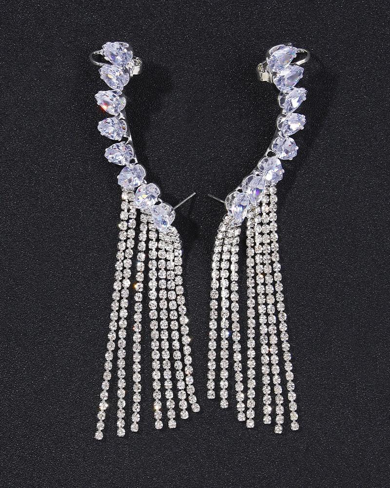 

Rhinetone Tassel Design Ear Climber, Silver
