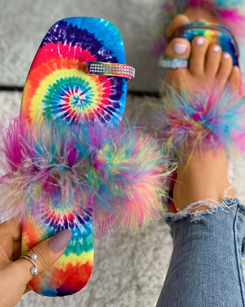 

Studded Toe Ring Feather Detail Slippers, Multicolor