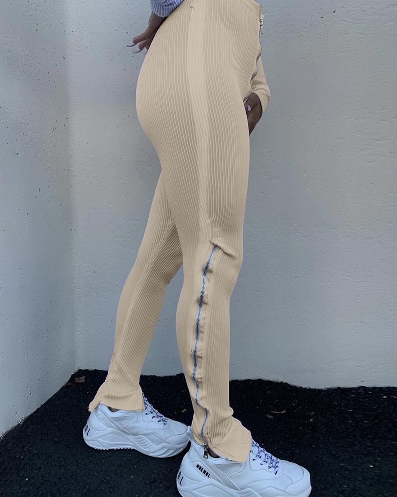

Zipper Design High Waist Slit Leggings, Apricot