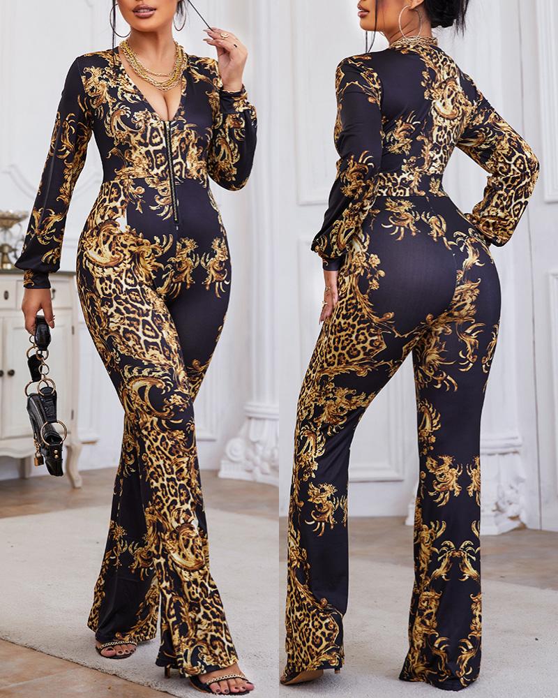 

Baroque Print Zipper Design Long Sleeve Jumpsuit, Multicolor