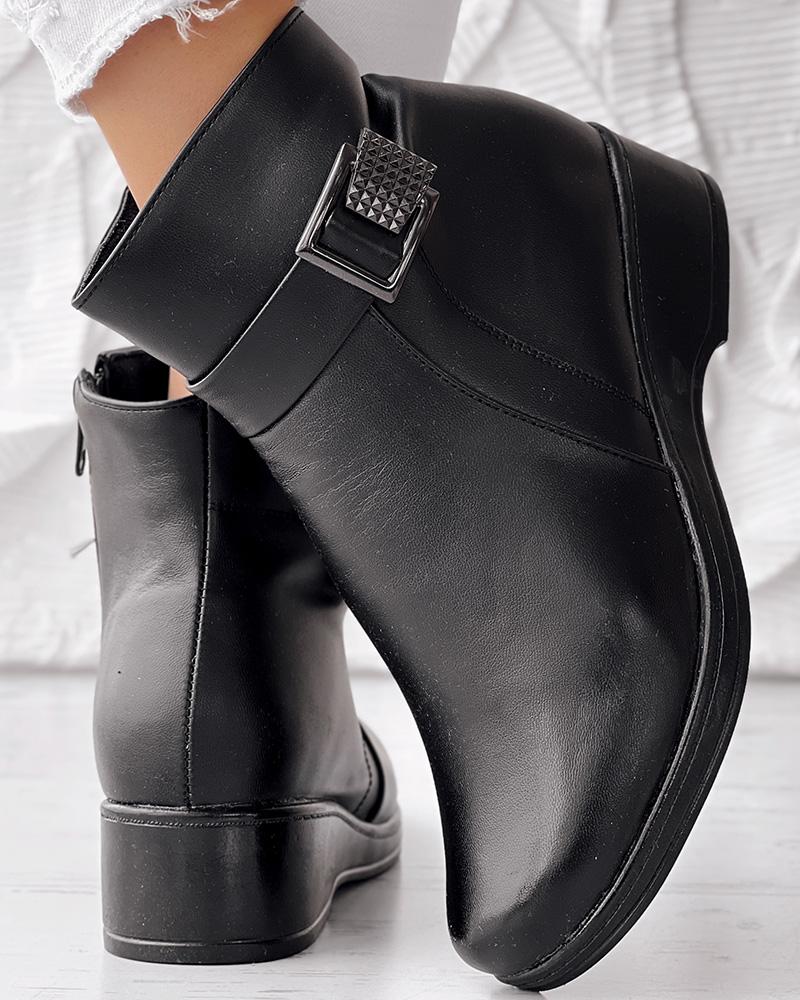 

Buckled Side Zipper Wedge Ankle Boots, Black
