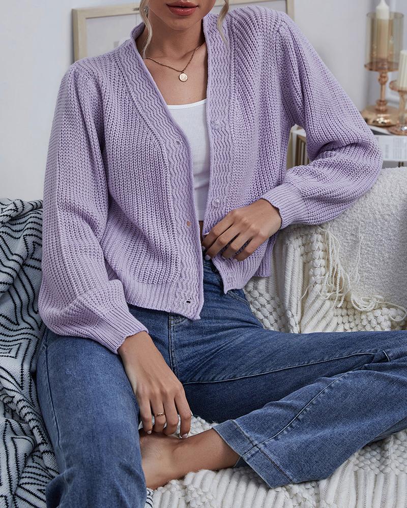 

Button Front Lantern Sleeve Casual Cardigan, Purple