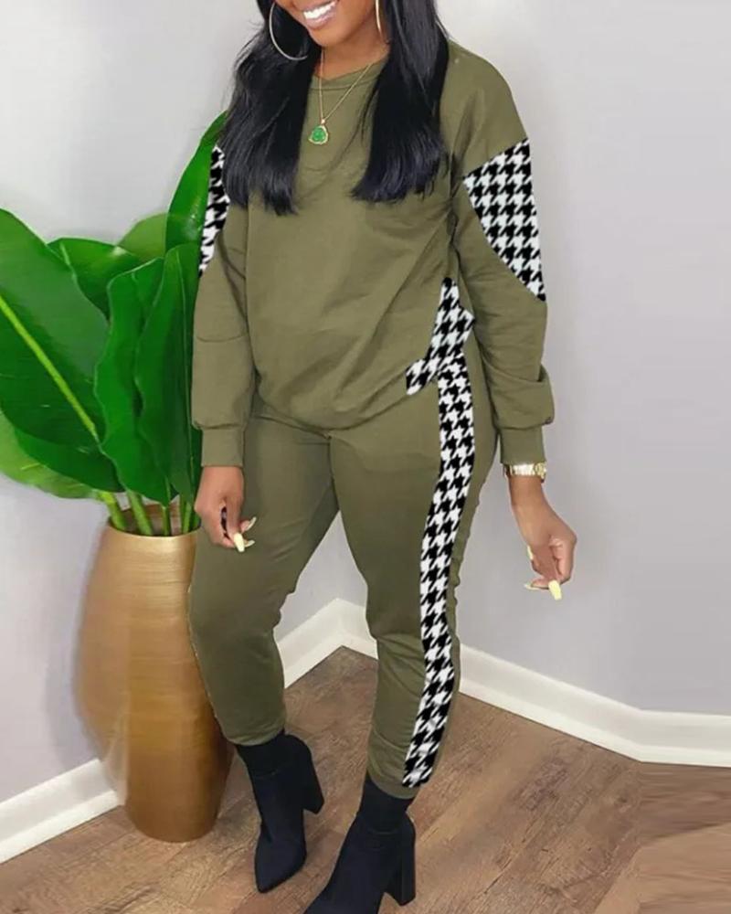 

Houndstooth Print Patchwork Top & Pants Set, Army green