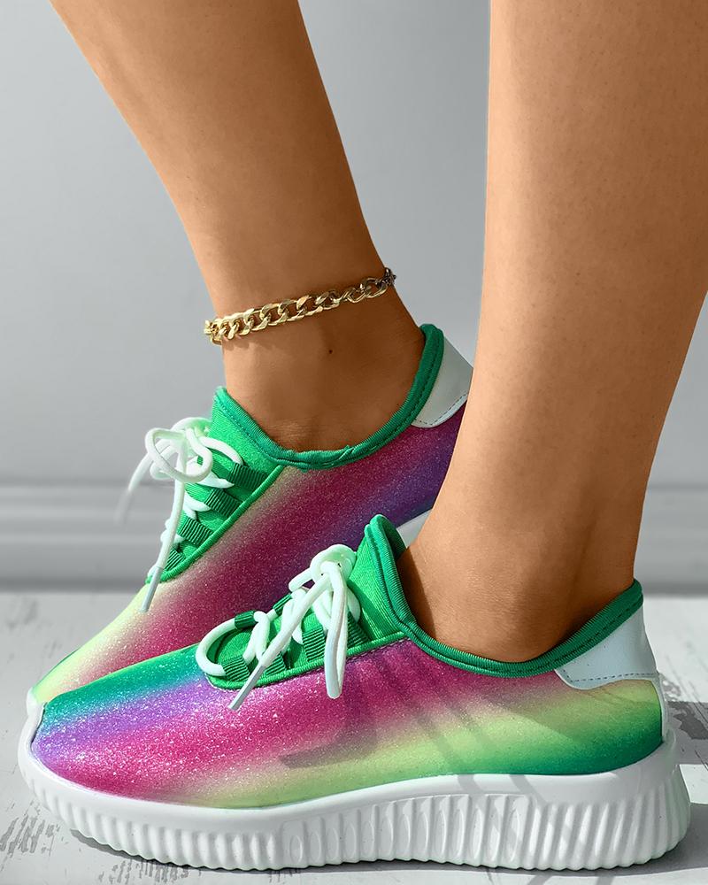 

Colorblock Sequins Lace-up Flatform Sneakers, Green
