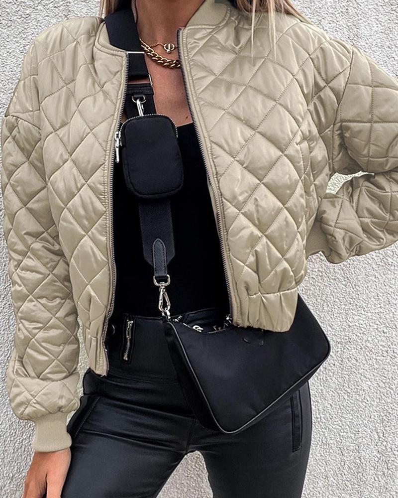 

Quilted Zipper Design Baseball Jacket, Apricot