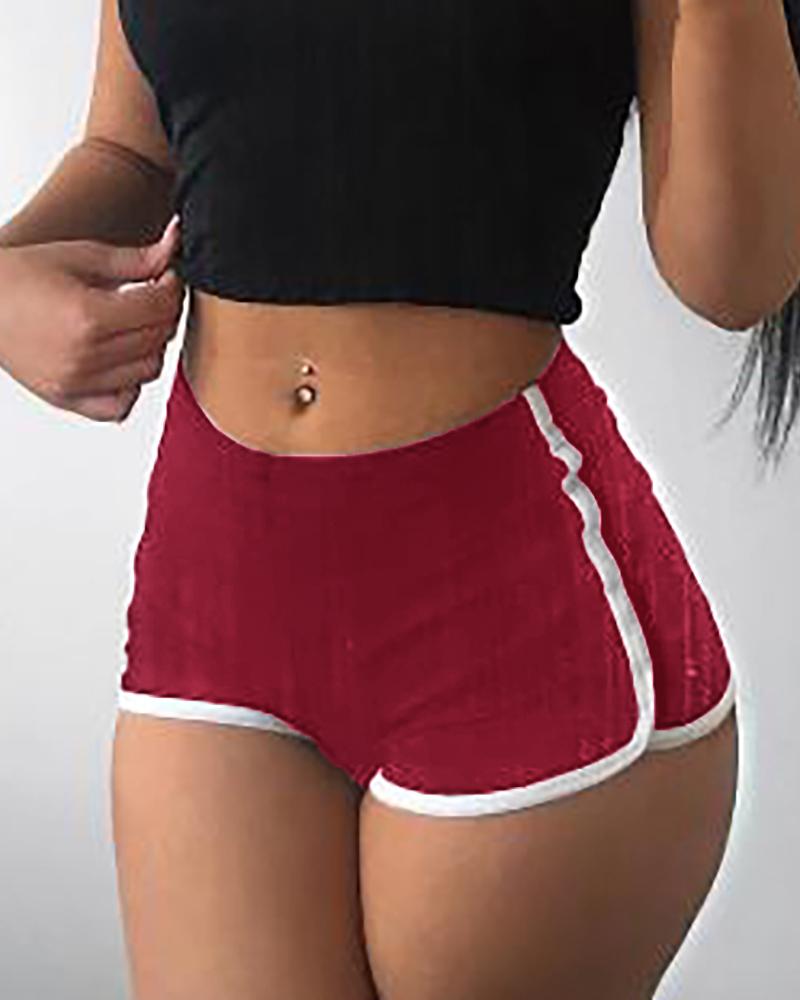 

High Waist Contrast Binding Sporty Shorts, Wine red