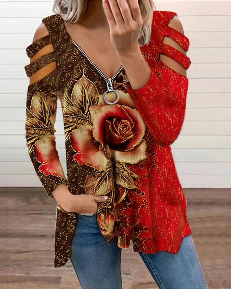 

Floral Print Zipper V-Neck Cut-Out T-Shirt, Style2
