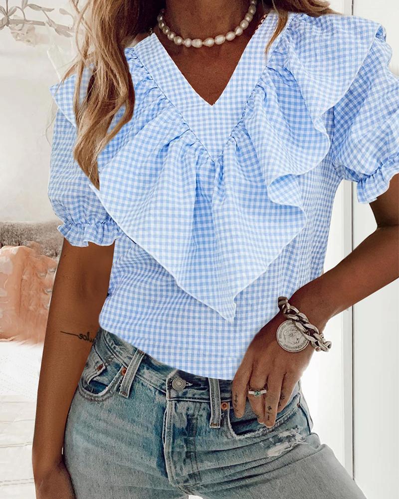 

Plaid Print Ruffle Hem Puff Sleeve Top, Blue