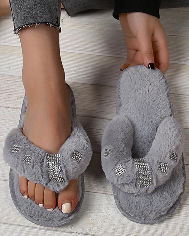 

Rhinestone Decor Top Post Fuzzy Flip Flops, Gray