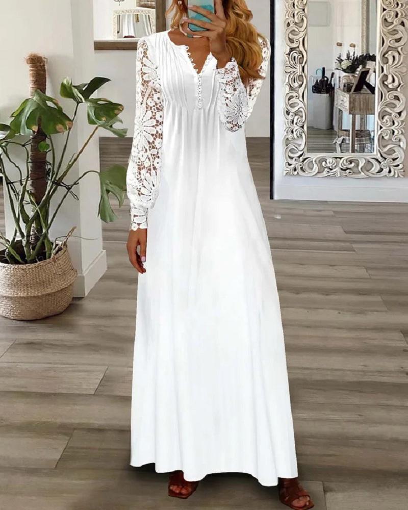 

Long Sleeve Contrast Lace Maxi Dress, White