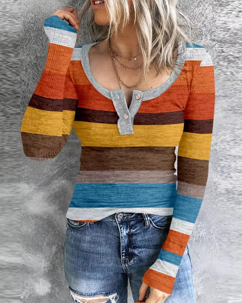 

Colorblock Striped Button Front Long Sleeve Top, Orange