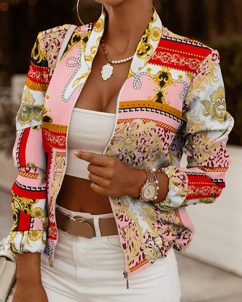 

Floral Print Long Sleeve Zip Up Jacket Casual Short Coats, Pink