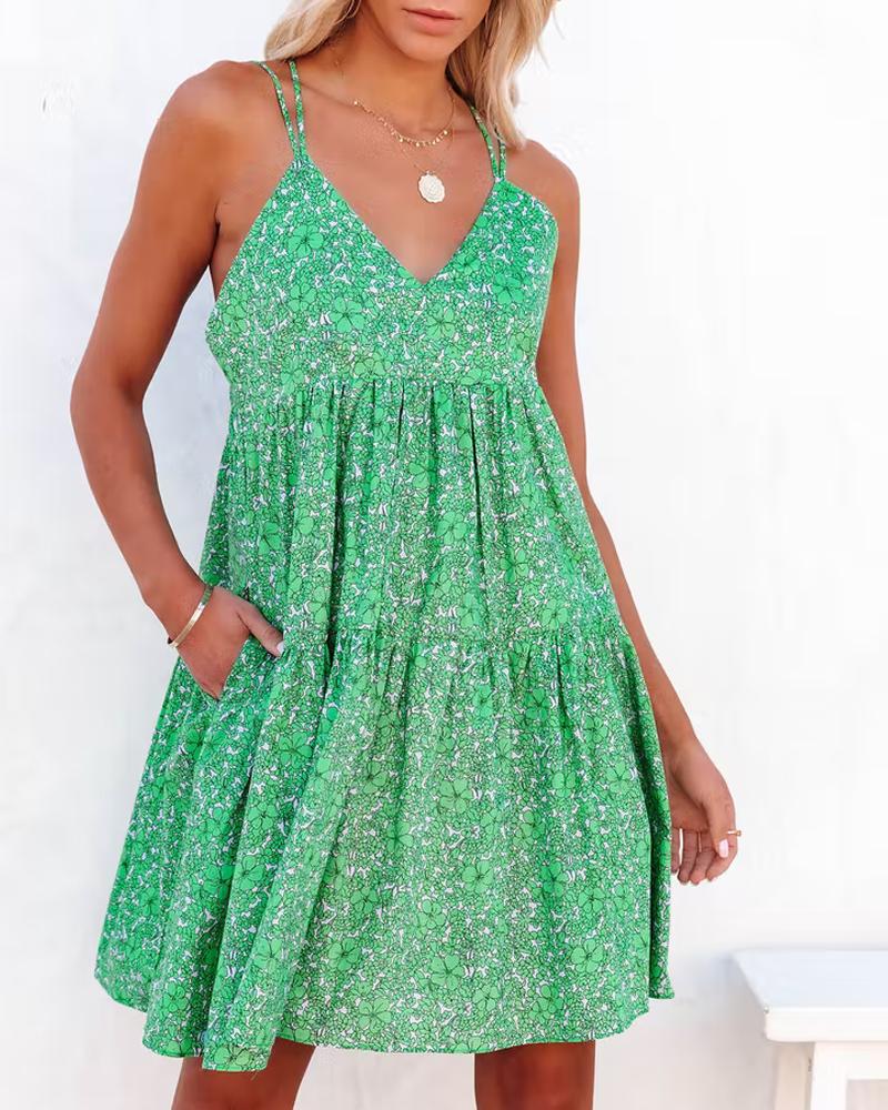 

Ditsy Floral Print Crisscross Backless Swing Dress, Green