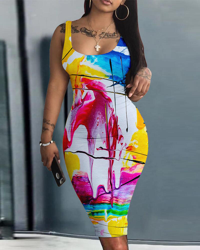 

Abstract Print Sleeveless Bodycon Dress, White