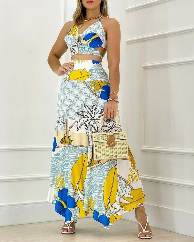 

Tropical Print O-Ring Cutout Crop Top & Skirt Set, Blue