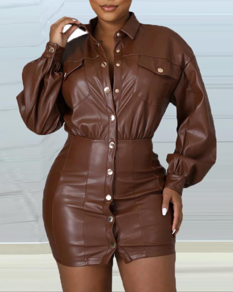 

PU Leather Buttoned Slim Waist Long Sleeve Dress, Brown