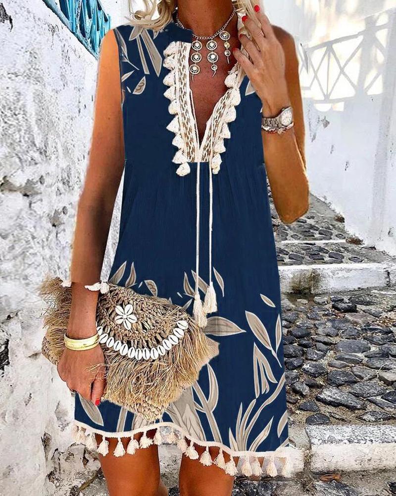 

Plants Print Tassel Decor Sleeveless Casual Dress, Blue
