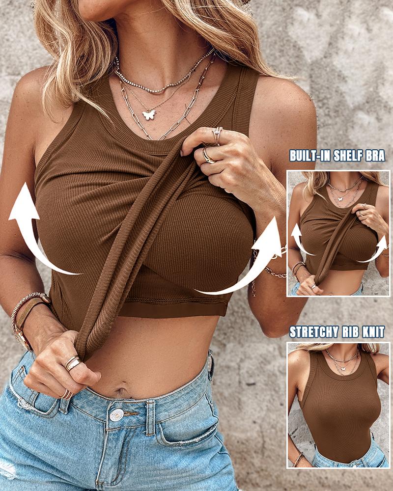 

Round Neck Ribbed Tank Top With Bra Pads, Coffee