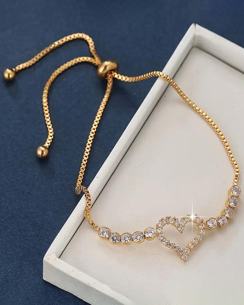 

1pc Sparkly Bracelet Hollow Heart Zircon Adjustable Ladies Clothing Daily Accessory Jewelry Gift, Gold