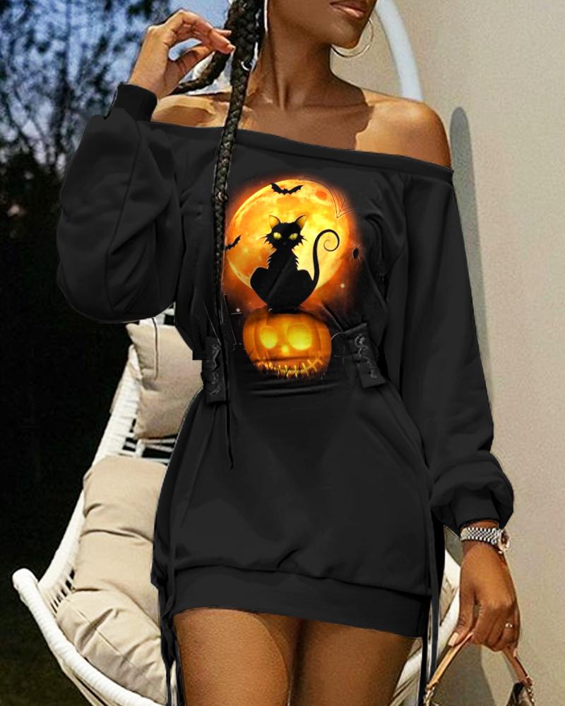 

Halloween Print Off Shoulder Eyelet Lace Up Casual Dress, Black