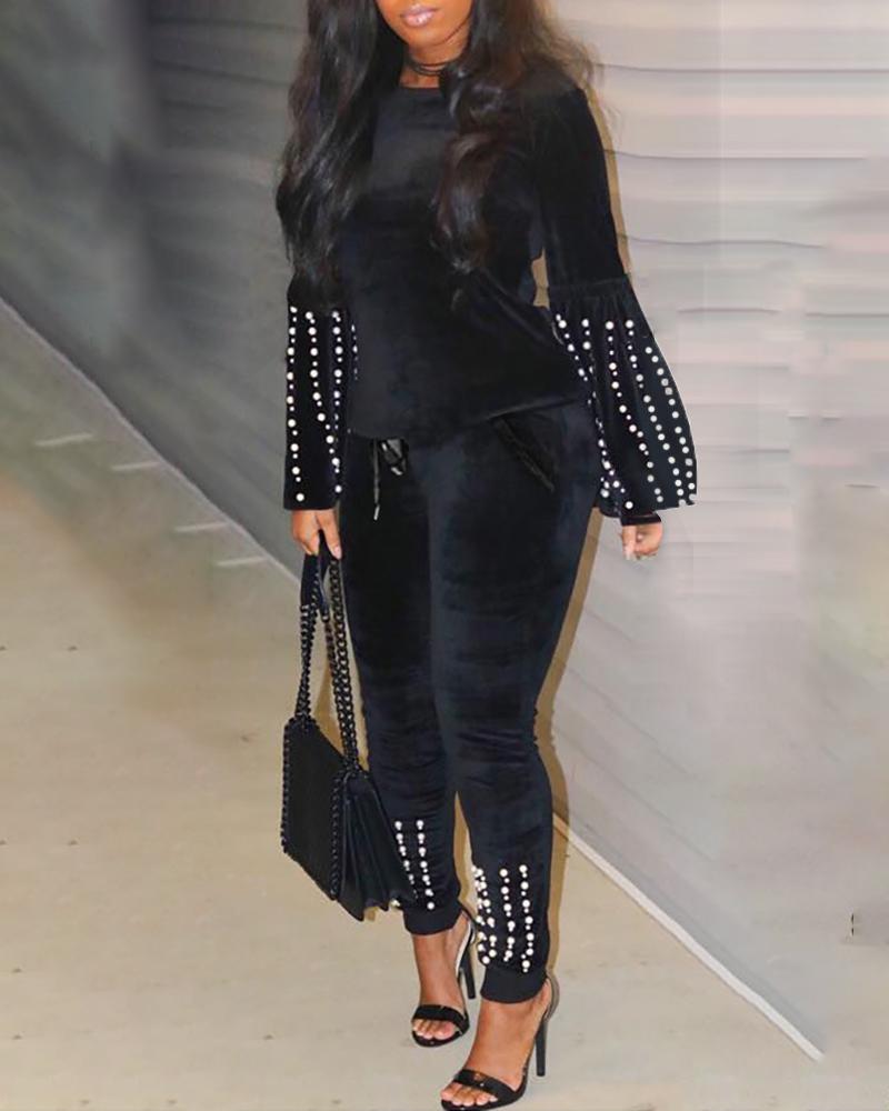

Beaded Round Neck Long Sleeve Top & Drawstring Pants Sets, Black