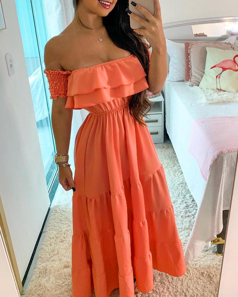 

Off Shoulder Ruffles Shirred Frill Hem Maxi Dress, Orange