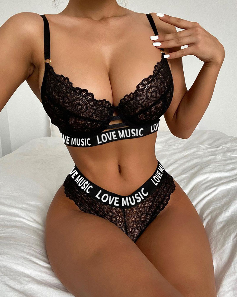 

Letter Print Lace Lingerie Set, Black