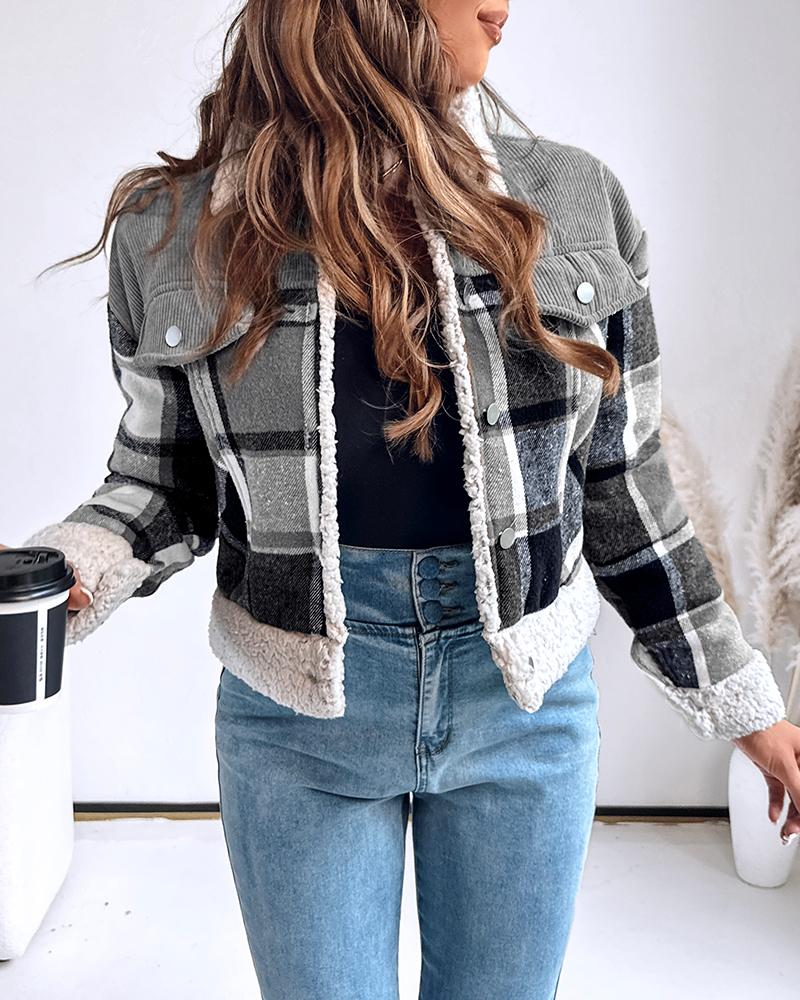 

Veste courte décontractée en velours côtelé à imprimé écossais vintage, col rabattu et boutons sur le devant, avec détails à rabat et bordure en fausse peau lainée, Black
