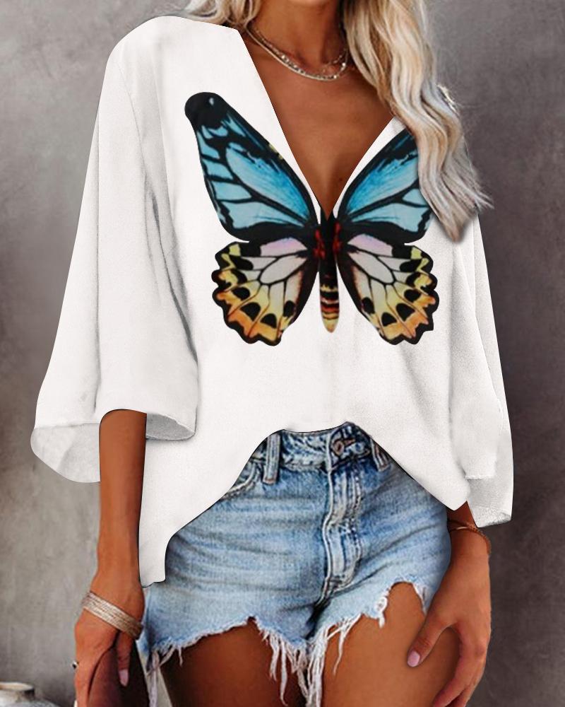 

Butterfly Print Bell Sleeve V-Neck Top, White