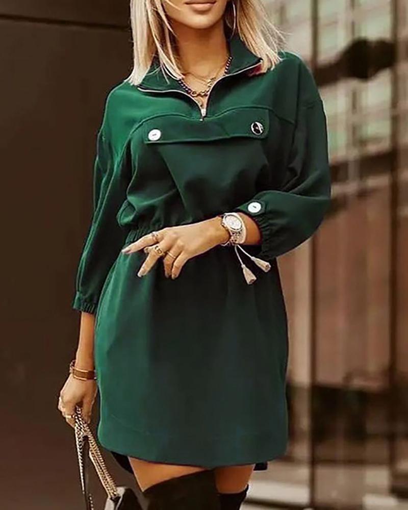 

Buttoned Zipper Design Slit Casual Dress, Green