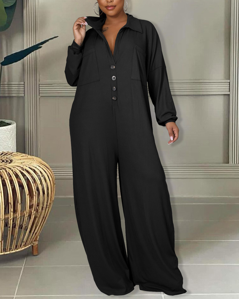 

Long Sleeve Pocket Design Wide Leg Jumpsuit, Black