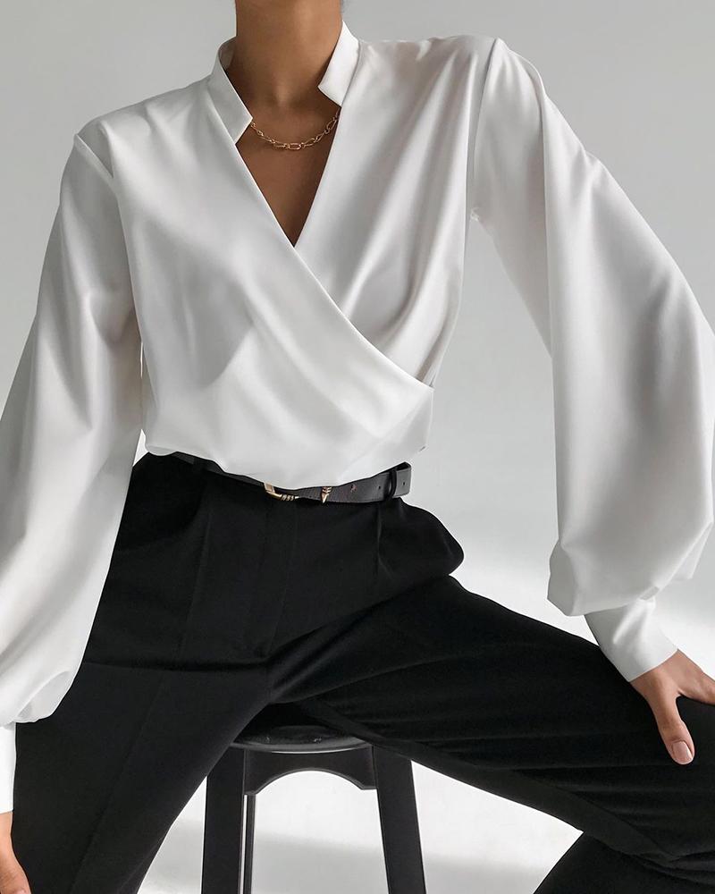 

Lantern Sleeve V-Neck Casual Wrap Shirt, White