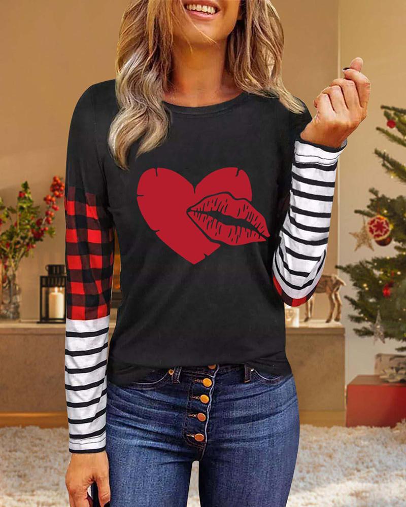 

Valentine' Day Striped Heart Plaid Print O-Neck Top, Style4