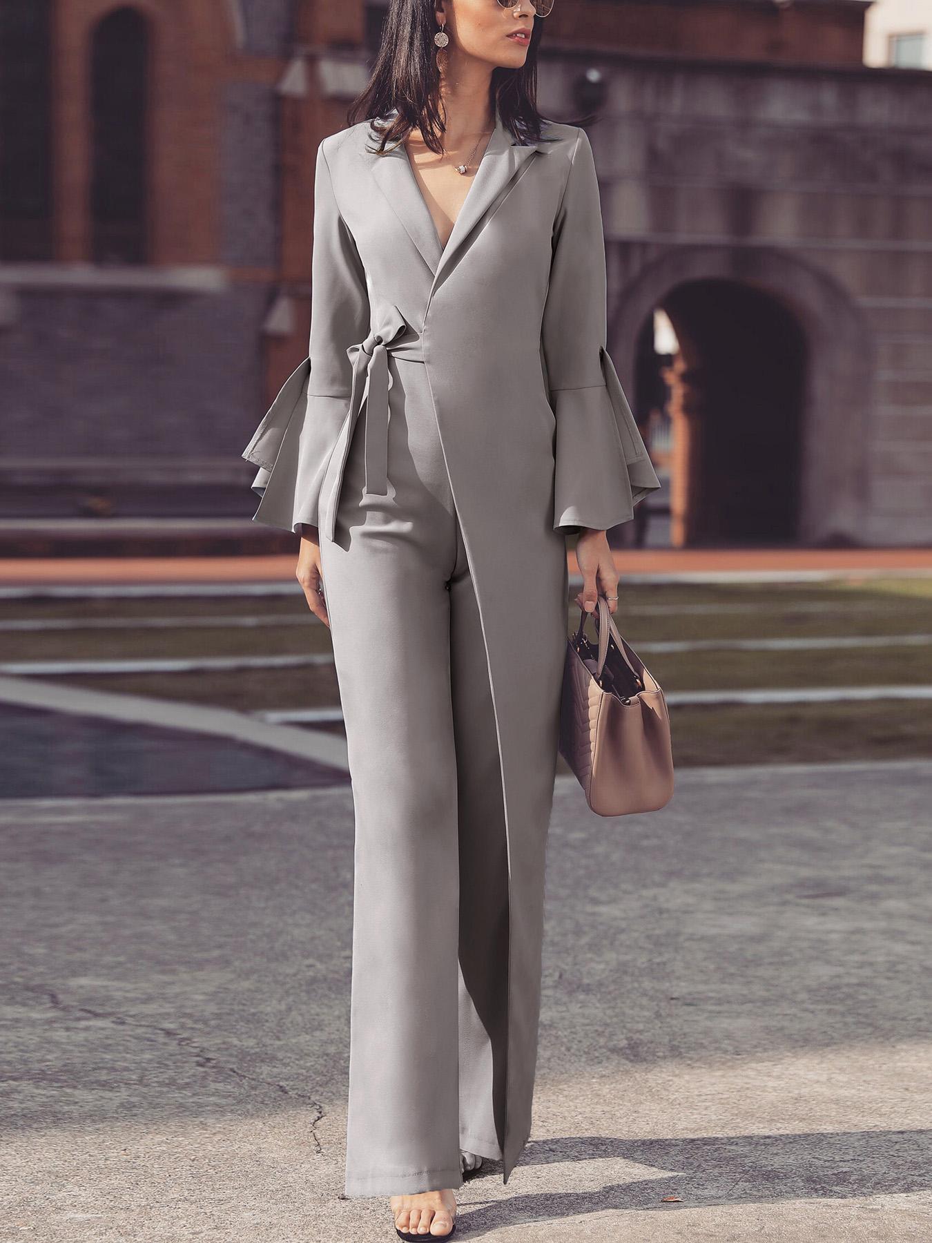 

Irregular Flared Sleeve Knot Side Wide Leg Jumpsuit, Light gray