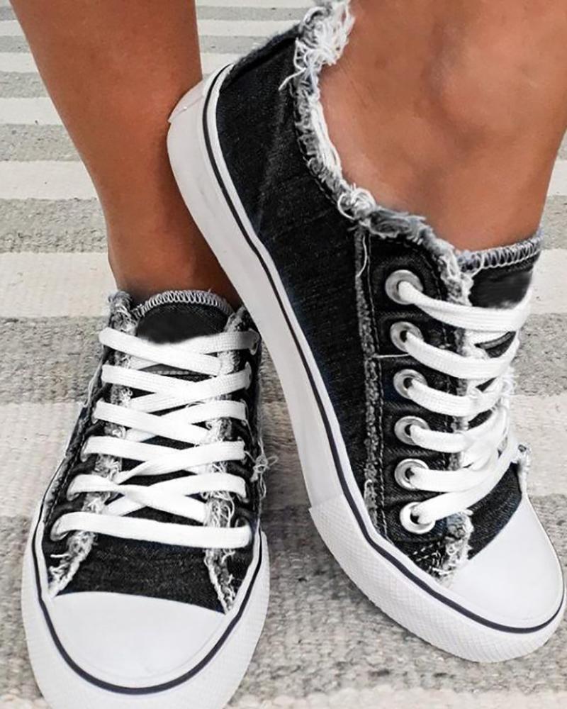 

Eyelet Lace-up Fringe Hem Canvas Shoes, Black