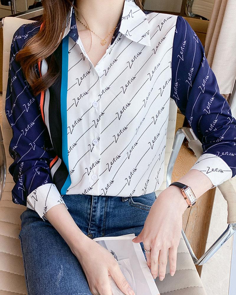 

Letter Print Long Sleeve Button Up Shirt, White