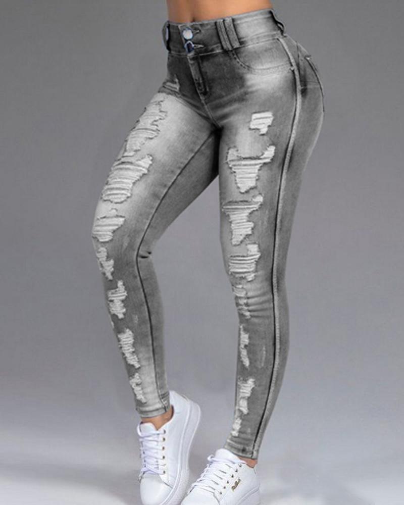 

Colorblock Ripped High Waist Jeans, Gray