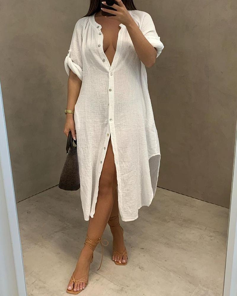 

Plain Button Design Long Sleeve Dress, White