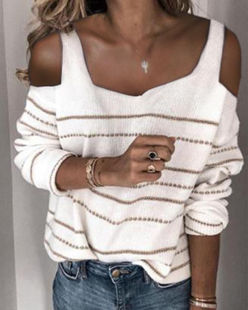 

Striped Long Sleeve Cold Shoulder Sweater, White