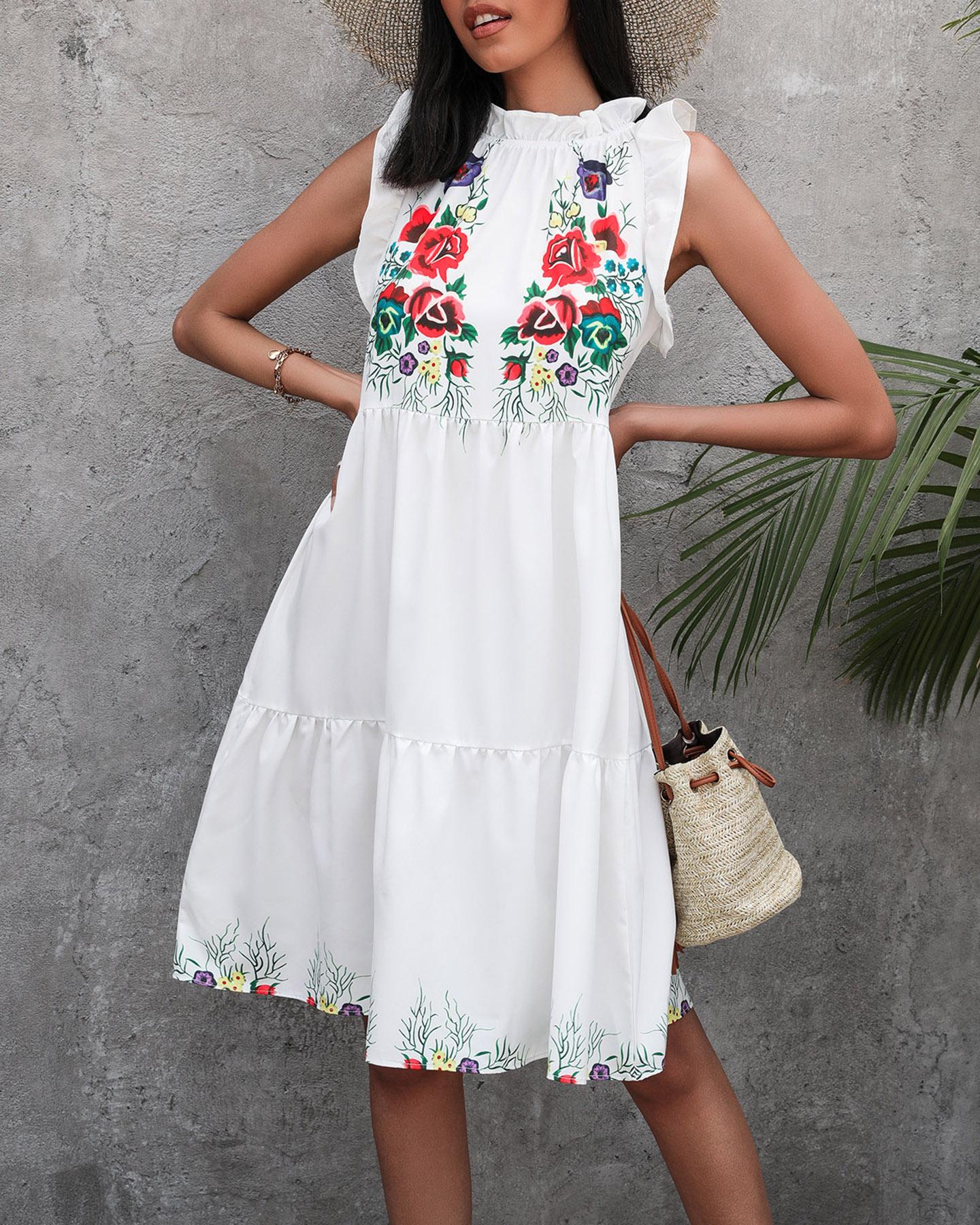 

Floral Print Ruffles Ruched Casual Dress, White