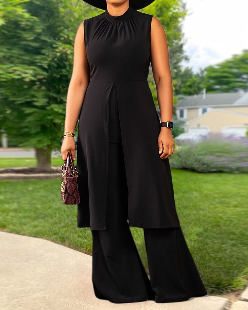 

Sleeveless Slit Front Longline Top & Pants Set, Black
