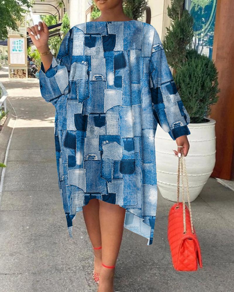 

Plus Size Denim Look Print Batwing Sleeve Asymmetrical Dress, Blue