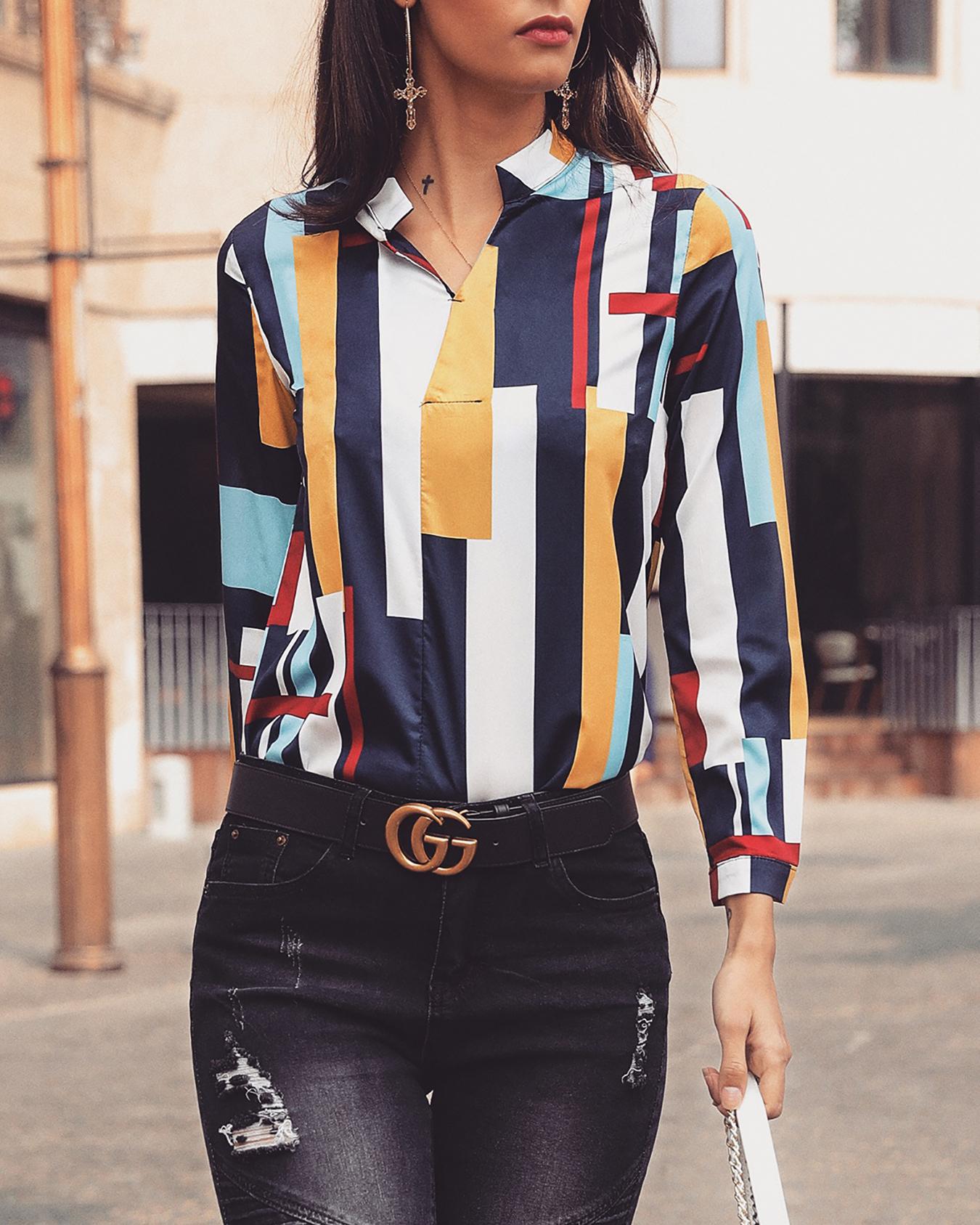 

Colorful Striped V-Neck Casual Shirt, Multicolor