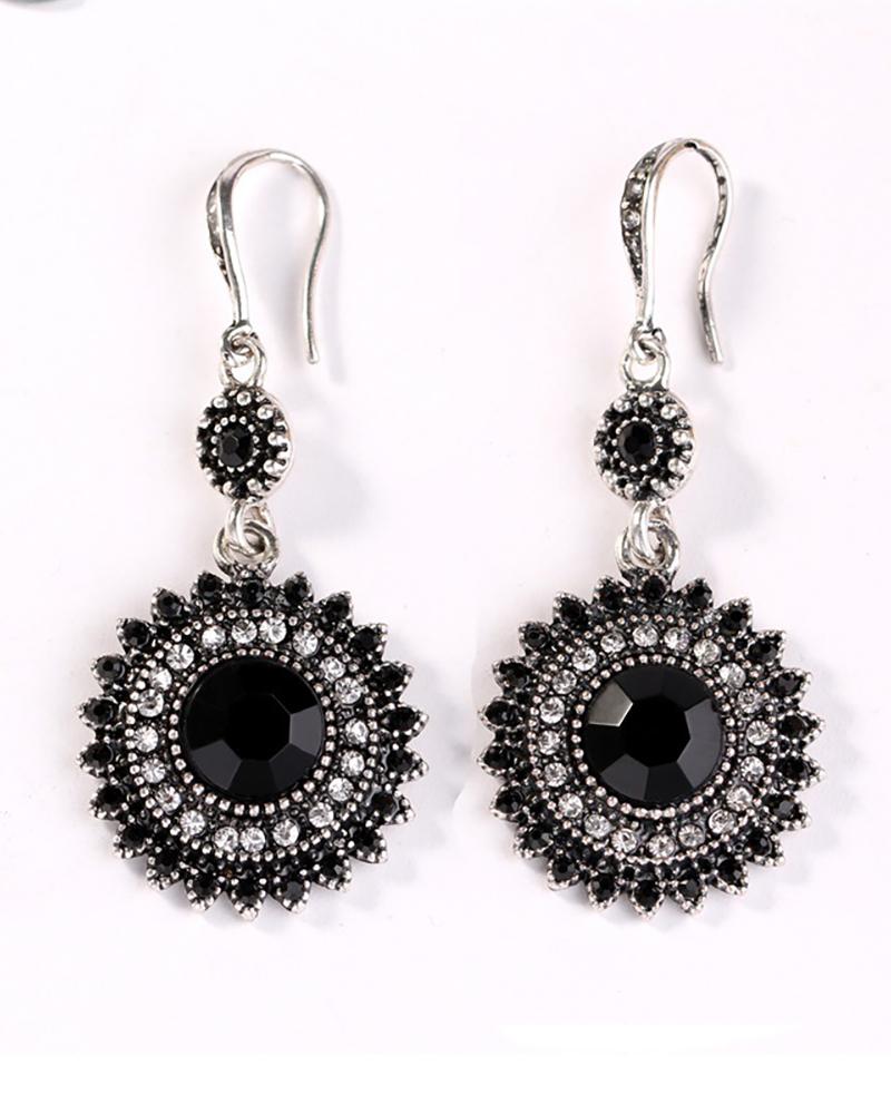 

1Pair Clan Retro Sunflower Pattern Rhinestone Hoop Earrings, Black